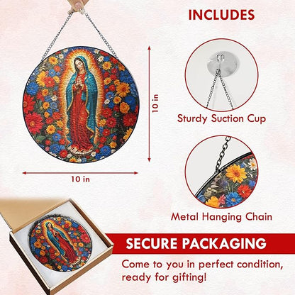 FLAGWIX Christmas Christian Gifts for Women - Virgen De Guadalupe Stained Glass Window Hanging 10 in - Christian Religious Gifts for Women Mom, Our Lady of Guadalupe Sun Catchers Indoor Window