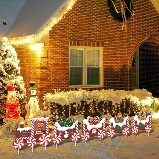 5Pcs Train Christmas Decorations Outdoor, X-mas Train Yard Signs with 8 Stakes, Gingerbread Xmas Tree Lawn Signs, Waterproof Christmas Yard Decorations Outdoor