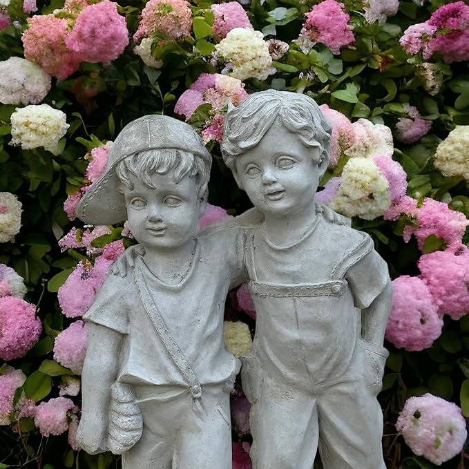 Boys on Stump Figure Outdoor Young Boys Figurine Two Boys Standing Statue