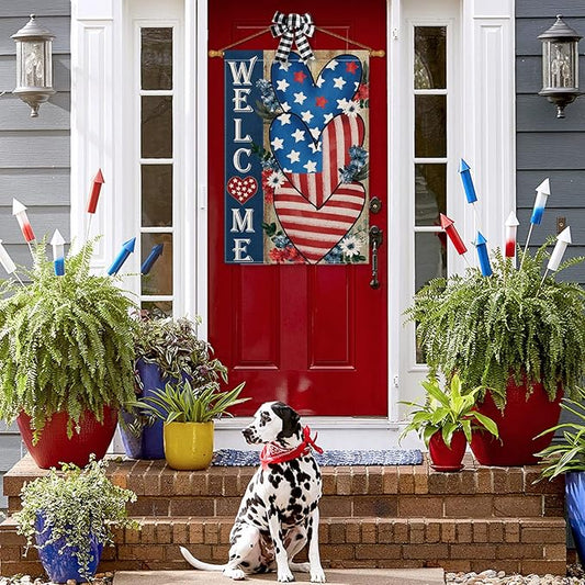 AVOIN colorlife Patriotic 4th of July Welcome House Flag 28x40 Inch Double Sided, Memorial Day American Stars and Stripes Love Heart Yard Outdoor Decoration