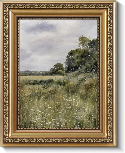 ARPEOTCY Vintage Gold Framed Wall Art, Farmhouse Meadow Landscape Country Painting, 8x10 inch Small Moody Rustic Canvas Picture Prints with Frame, Victorian Wall Decor for Living Room Bedroom Shelf
