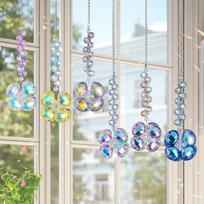 6pcs Crystal Suncatchers Four Leaf Clover Hanging Ornaments, Rainbow Maker Sun Catchers Indoor Window Outdoor Patio Garden Decor Gifts