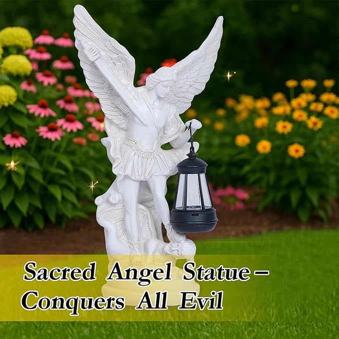 Solar San Miguel Arcangel Outdoor Garden Decor Statues 12.4" Solar St Michael the Archangel Satue for Yard Patio Lawn Porch Decorations Resin St Michael Figurine Religious Collection Sculptures Gifts