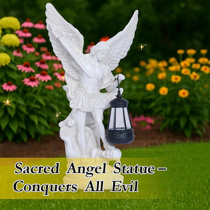 Solar San Miguel Arcangel Outdoor Garden Decor Statues 12.4" Solar St Michael the Archangel Satue for Yard Patio Lawn Porch Decorations Resin St Michael Figurine Religious Collection Sculptures Gifts