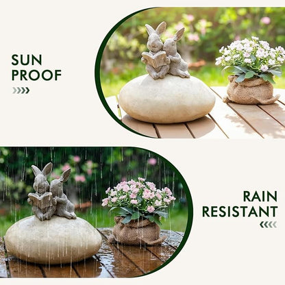 Solar Bunny Garden Statue with LED Light – Cute Solar Garden Decor Outdoor Rabbit Statue for Patio Yard Backyard Lawn, Bunny Decor Garden Statues, Easter Rabbit Gifts-Stone