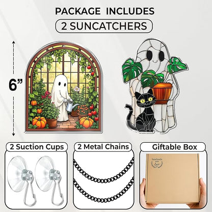 2 Cute Halloween Suncatcher Decorations, 6" Spooky Cute Ghost Plant Window Hangings, Ghost with Black Cat Greenhouse, Pumpkin Ornaments Home Garden, Gifts for Plant Lovers, Women