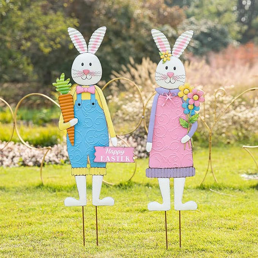 Glitzhome 36"H Easter Yard Signs, Set of 2 Metal Bunny Wall/Standing Decor, Blue & Pink, Hand Painted with Antique Treatment