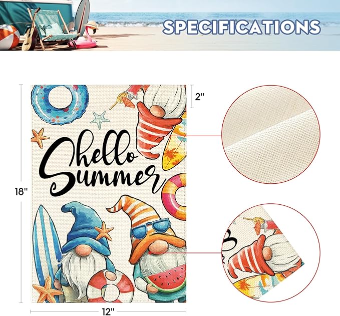 AVOIN colorlife Hello Summer Gnomes Garden Flag 12x18 Inch Double Sided, Coastal Seasonal Holiday Burlap Yard Outdoor Decoration