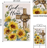 God Bless Our Home Spring Summer Easter Decorative House Flag, Religious Cross Sunflower Floral Garden Yard Outside Decorations, Inspirational Fall Autumn Outdoor Large Home Decor 28 x 40