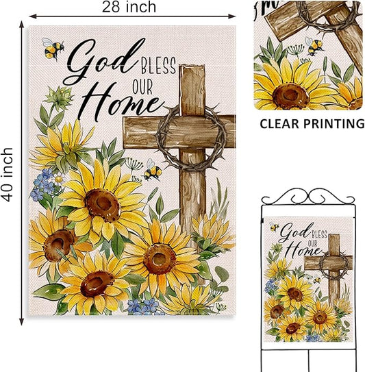 God Bless Our Home Spring Summer Easter Decorative House Flag, Religious Cross Sunflower Floral Garden Yard Outside Decorations, Inspirational Fall Autumn Outdoor Large Home Decor 28 x 40