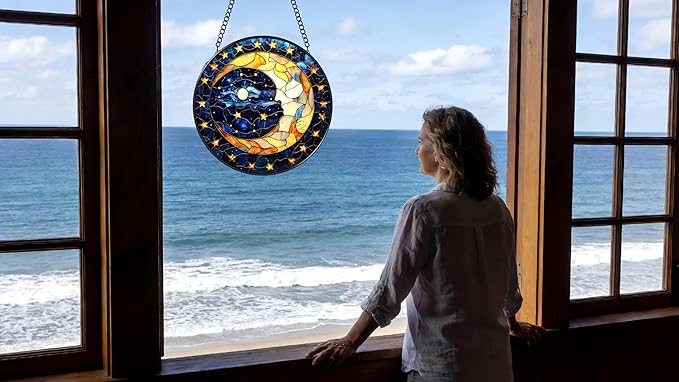 Funoasis Stained Glass Window Hanging 6.3 Inches Suncatcher - A Corner of The Starry Sky and Yellow Pentagram Ornaments Sun Catcher Home Decor Women Birthday