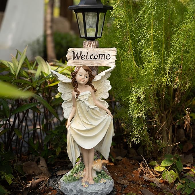 Garden Fairy Solar Light Welcome Sign, 22" in Height, Decorative Outdoor Statue with Auto Light-Up Feature