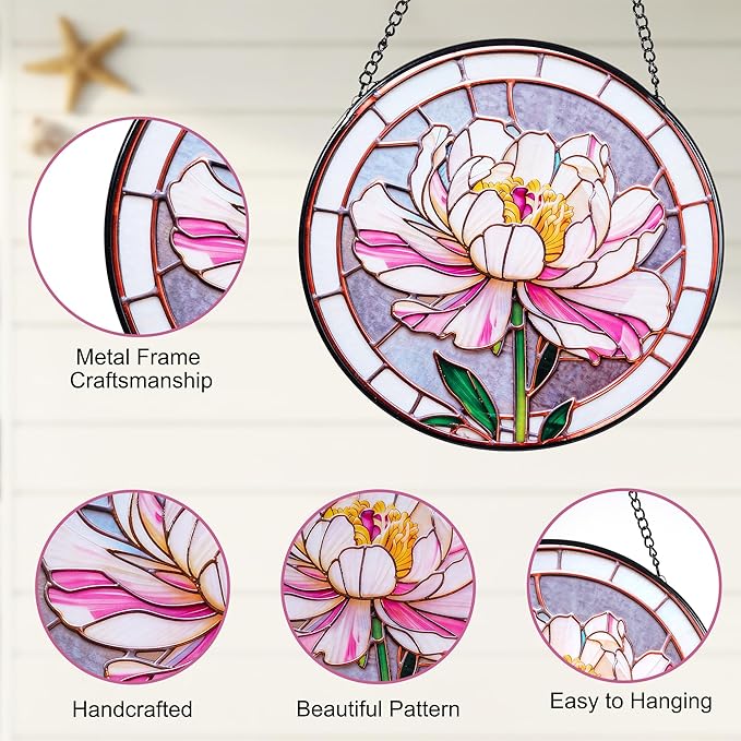 Stained Glass Window Hanging, Pink Peony Suncatcher 7.8 in Sun Catcher Glass Panel Boho Wall Art Decor with Chain Diamond Glass Panel Hangings Scenery Sun Catchers Decor for Lover Couple Mom