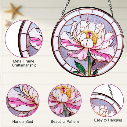 Stained Glass Window Hanging, Pink Peony Suncatcher 7.8 in Sun Catcher Glass Panel Boho Wall Art Decor with Chain Diamond Glass Panel Hangings Scenery Sun Catchers Decor for Lover Couple Mom