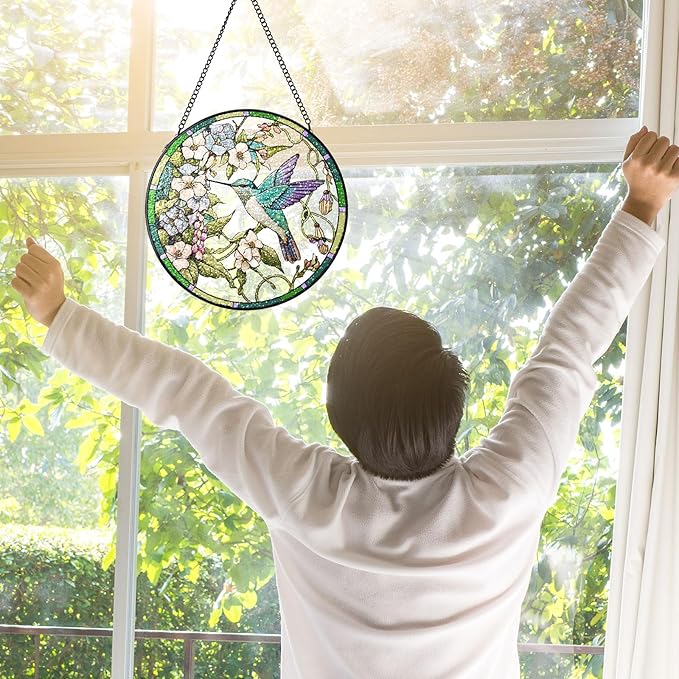 Stained Glass Suncatchers Window Hanging, Flowers Bird Sun Catchers Indoor Window Stained Glass Hanging Garden Decor, Birthday Gifts for Mom Grandma Aunt Sister Bestie 6.3 in