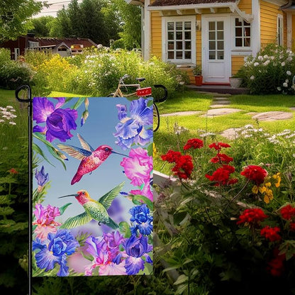 Hummingbirds Garden Flag Double Sided Blue and Red Iris Yard Flag Flowers Floral Birds Leaves Garden Flags Banner for Spring Summer Farmhouse Home Outdoor Decor 12 x 18 Inch