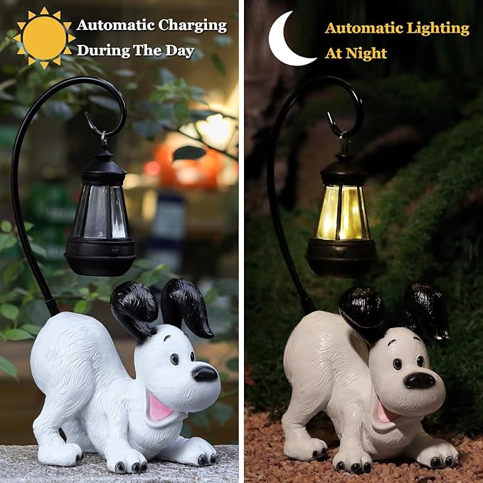 Laughing Dog Figurine with Solar-Powered LED Light 15.9 Inch Tall Perfect for Gift Garden Decor or Housewarming for Dog Lovers White