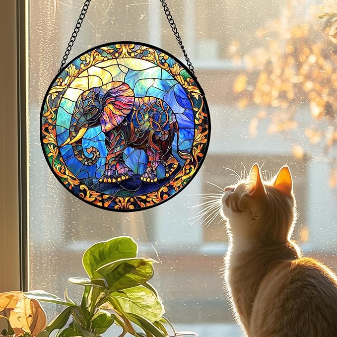 Stained Glass Window Hanging - Blue Elephant Suncatcher for Door Terrace Garden Home Decor, Yellow Retro Sun Catcher Birthday Gifts for Lovers Women Men Dad Mom Nana 15 in