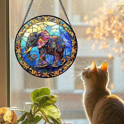 Stained Glass Window Hanging - Blue Elephant Suncatcher for Door Terrace Garden Home Decor, Yellow Retro Sun Catcher Birthday Gifts for Lovers Women Men Dad Mom Nana 15 in
