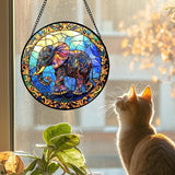 Stained Glass Window Hanging - Blue Elephant Suncatcher for Door Terrace Garden Home Decor, Yellow Retro Sun Catcher Birthday Gifts for Lovers Women Men Dad Mom Nana 6.3 in