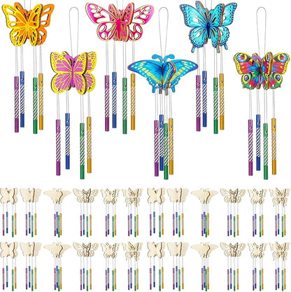 Leinuosen 30 Pcs Butterfly Wind Chime Kit for Kids Make Your Own Butterfly Wind Chimes Decorative DIY Coloring Wooden Crafts for Spring Art Activities Garden Home Patio Party Decorations