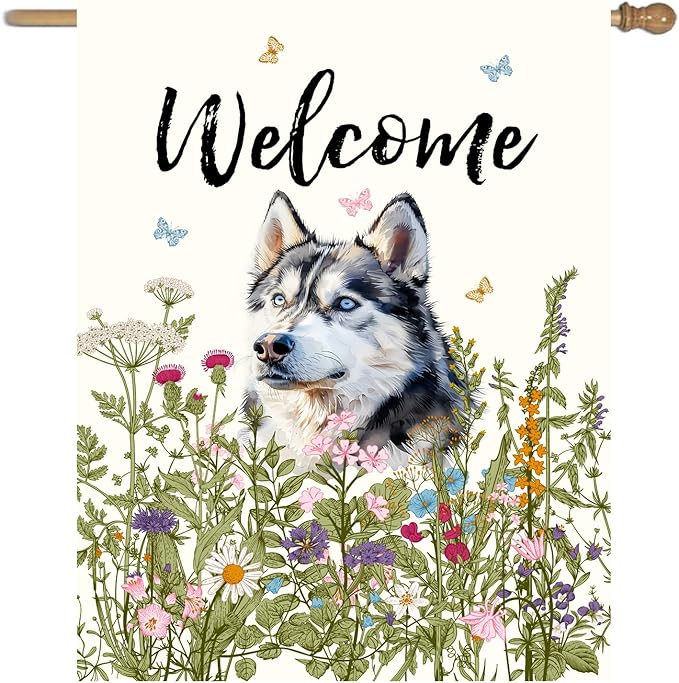 Floral Husky Terrier Garden Flag Spring Summer House Flags 28 x 40 Double Sided Flower Dog Yard Flags for Outside Large Outdoor Welcome Flags