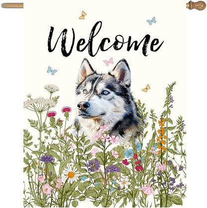 Floral Husky Terrier Garden Flag Spring Summer House Flags 28 x 40 Double Sided Flower Dog Yard Flags for Outside Large Outdoor Welcome Flags