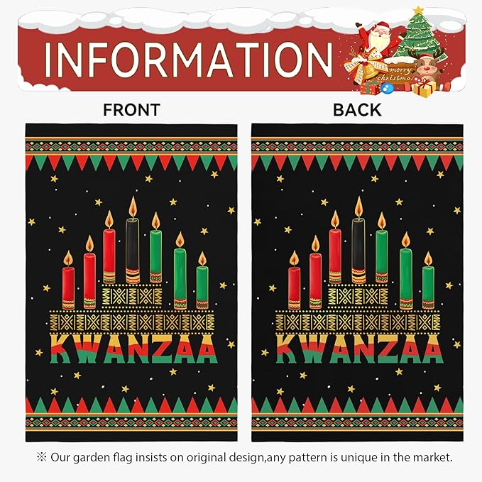 Kwanzaa Garden Flag Double Sided Polyester Yard Banner with Kinara and Red Black Green Candles Holiday Outdoor Flags for African American Heritage Celebration Décor 12x18 Inch