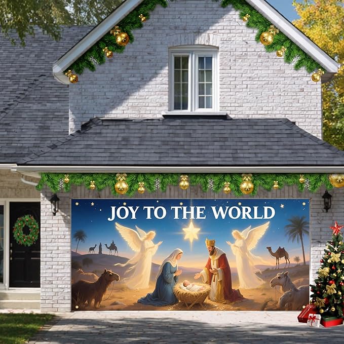 HOMETITUTE Christmas Garage Door Banner 13x6ft Joy to the World Nativity Scene Backdrop Banners for Outside Indoor Christmas Door Cover Garage Wall Covering for Party Garage Decorations