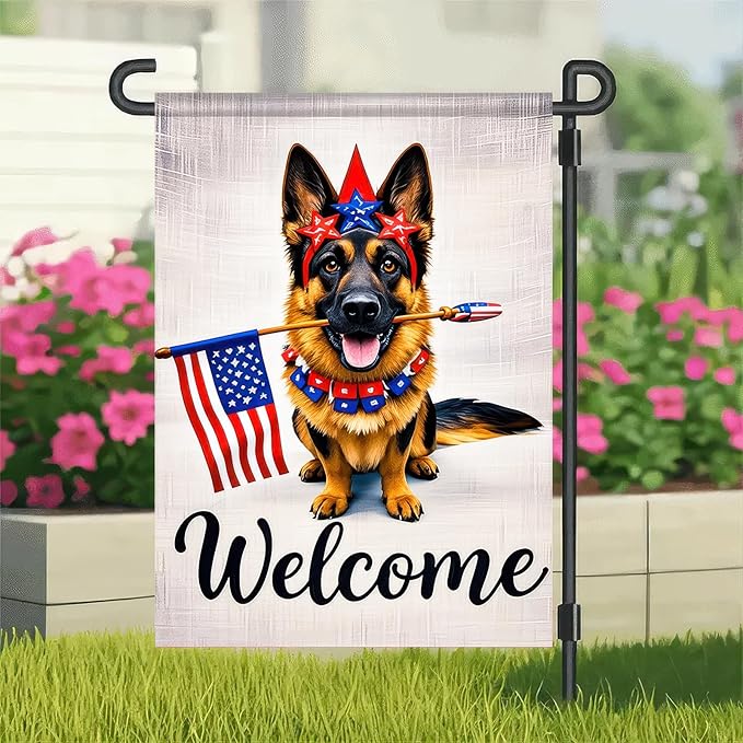 BlissYard Welcome Patriotic German Shepherd Garden Flag 12x18 Inch Double Sided Vertical Polyester Small Yard Flag American Flag Dog Outdoor Decor Lawn Garden Banner 4th of July Independence Day Decoration