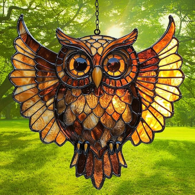 Owl Tiffany Style Acrylic Suncatcher Stained Glass Effect Window Car Hanging Christmas Ornament Indoor Outdoor Decor Garden Sun Catcher Panel for Owl Lover for Women Mom Grandma