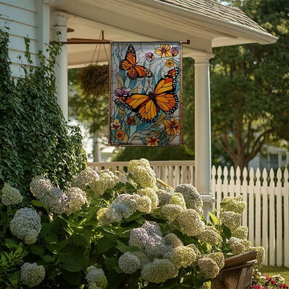 Garden Flags, Butterfly Garden Flag, Stained Glass Style Butterfly Floral Flag Double-Sided Flags for Farmhouse Yard Outdoor Decoration-12 x 18inch