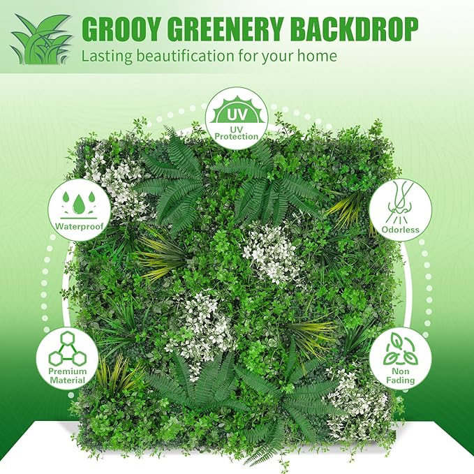 Grooy 20"X20" Artificial Grass Wall, 16PCS Boxwood Panels UV-Protected Faux Grass Backdrop Wall,Greenery Privacy Hedge Screen for Outdoor Garden Patio, Indoor Party Balcony Fence Decor