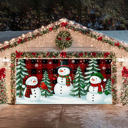HOMETITUTE Christmas Garage Door Banner 13x6ft Winter Snowmen Buffalo Plaid Theme Backdrop Banners for Outside Indoor Winter Door Cover Garage Wall Covering for Party Garage Decorations