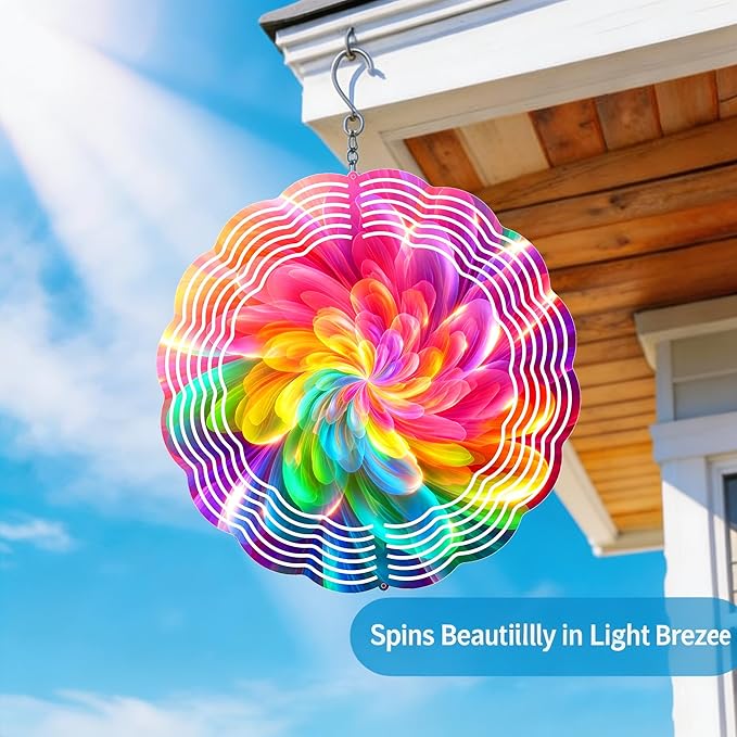Wind Spinners Colorful Abstract Flower Art 9.8 x 9.8 Inch Metal Wind Spinner Outdoor Garden Yard Patio Decor Bright Rainbow Swirl Design Decorative Wind Spinners for Lawn Balcony