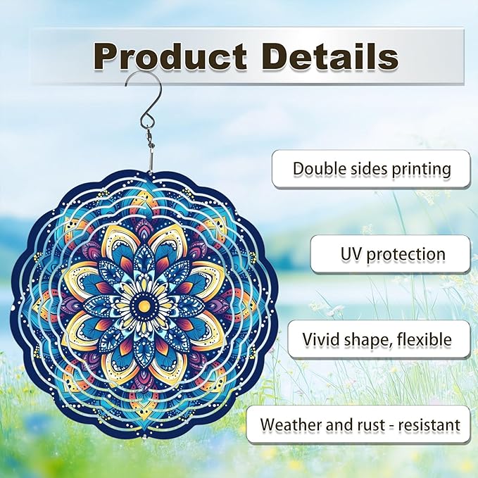 Wind Spinners Outdoor, Hanging Wind Spinner for Garden Decoration, 8 inch 3D Stainless Steel Metal Wind Sculpture for Indoor/Outdoor Decor, Mandala E