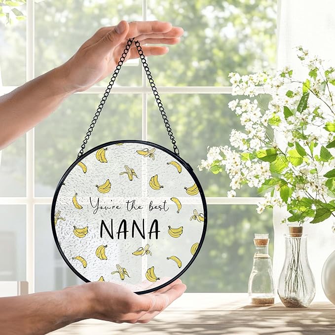 Nana Banana Gifts, Nana Banana Suncatchers Stained Glass Window Hanging, Nana Gifts for Mother's Day, Grandma Gift from Grandkids Sun Catchers Indoor Window, 7.9x7.9in