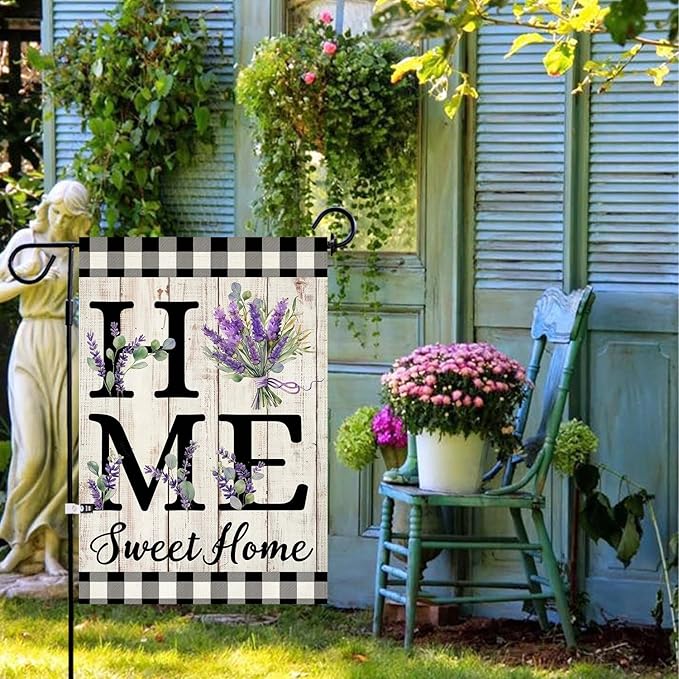ORTIGIA Spring Summer Garden Flag 12.5 x 18 Inch Double Sided Burlap Home Sweet Home Purple Lavender Floral Flower Small Yard Flag Holiday Outdoor Outside Wedding Anniversary Decoration