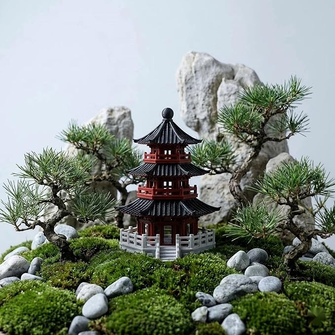 LOGOFUN Mini Pavilion Pagoda Zen Garden Statue Chinese Ancient Architecture Model for Bonsai Micro Landscape Decorations - 2.87X2.16X1.93in