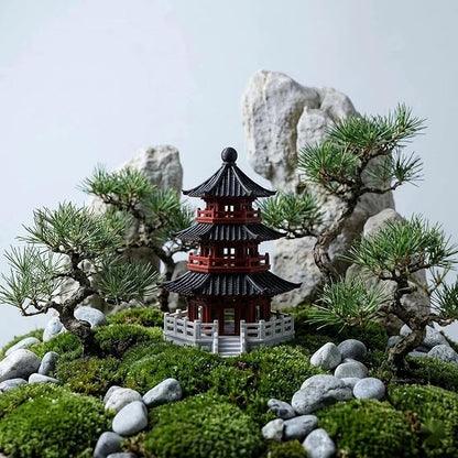 LOGOFUN Mini Pavilion Pagoda Zen Garden Statue Chinese Ancient Architecture Model for Bonsai Micro Landscape Decorations - 2.87X2.16X1.93in