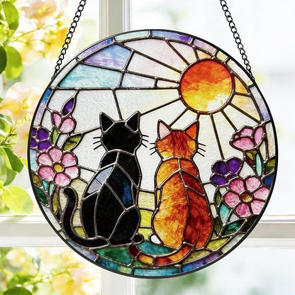 Stained Glass Window Hanging, 8 Inch Black Orange Cat Suncatcher, Sun Catchers Indoor Window, Pet Suncatchers for Windows Hanging, Spring Home Garden Decor Panel, Cat Lover Memorial Gifts for Mom