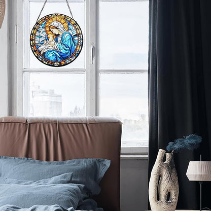 Virgin Mary and Baby Jesus Stained Glass Window Hanging, 8''/20CM Suncatchers for Windows Christian Decorative Hanging Ornaments Stained Glass for Chirstmas Suncatcher Window Panel Gift Home Decor