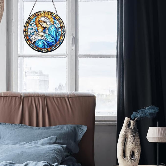 Virgin Mary and Baby Jesus Stained Glass Window Hanging, 8''/20CM Suncatchers for Windows Christian Decorative Hanging Ornaments Stained Glass for Chirstmas Suncatcher Window Panel Gift Home Decor