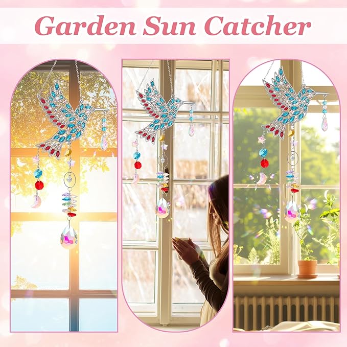 Hummingbird Gifts for Mom Grandma, Crystal Sun Catcher Hanging Indoor Window, Mothers Day Birthday Valentines Day Gifts for Women Bird Lovers, Love Pendant Home Decorations Garden Outdoor (Silver)
