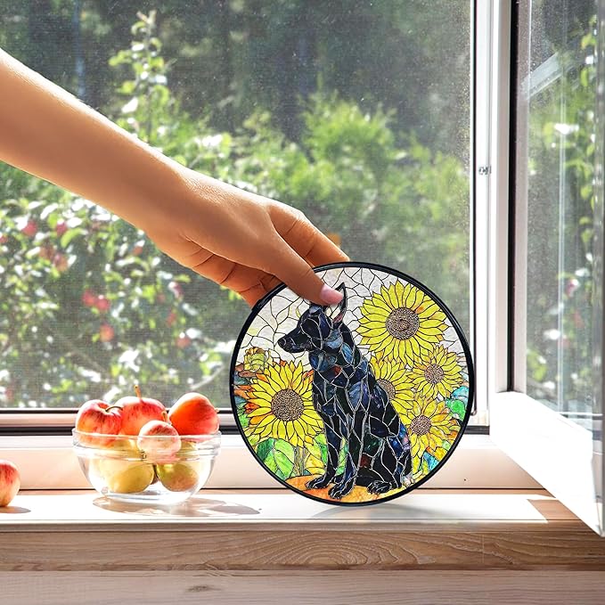 kdqua German Shepherd Sunflower Suncatcher Stained Glass Window Hanging, German Shepherd Gifts Sun Catchers Indoor Window Glass Round Wall Decor, Dog Wall Art Hanging Decorations Statues, 7.9x7.9in
