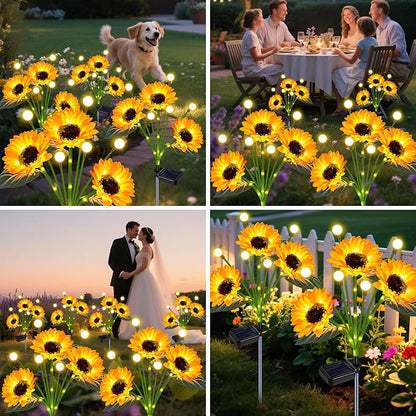 Solar Sunflower Lights Outdoor 4 Pack Solar Flowers Waterproof Outdoor with Firefly Lights,Solar Sunflowers Memorial Garden Decor for Yard Patio Porch Lawn,Birthday Gifts for Mom Women Grandma