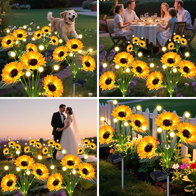 Solar Sunflower Lights 2 Pack Waterproof LED Firefly Garden Decor for Mom Grandma