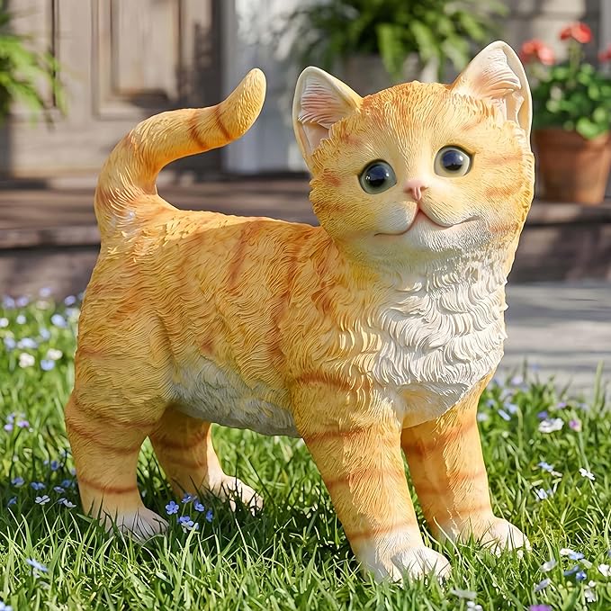 Real Orange Tabby Cat Garden Statue - Resin Realistic Cat Sculpture, Pet Loss Memorial Stone, for Cats Lovers, Indoor/Outdoor Decor, Animal Figurine for Yard Ornaments