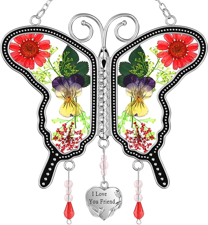 KY&BOSAM Suncatcher Butterfly Stained Glass Friend Butterfly Suncatchers Ornament hangings for Windows Wind Chime with Pressed Flower Butterfly Embedded in Glass Mother`s Day Birthdays