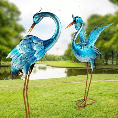 Ratuor Garden Crane Statues for Outdoor Blue Heron Metal Birds Yard Art Ornaments for Backyard Pond Patio Porch Outside Decorations
